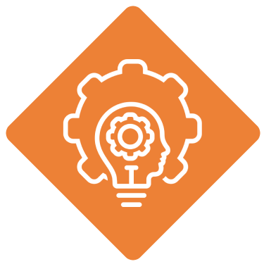 Orange brain and gear icon on black.