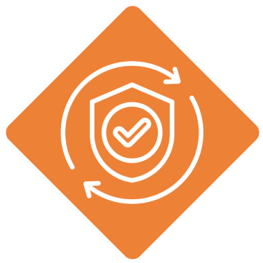 Orange shield icon with checkmark and arrows.